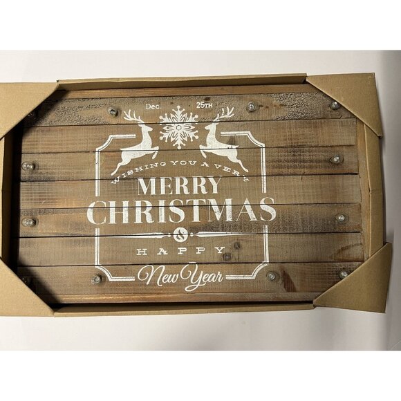 Merry Christmas & Happy New Year Lighted Rustic Farmhouse Wood Sign - Picture 1 of 2